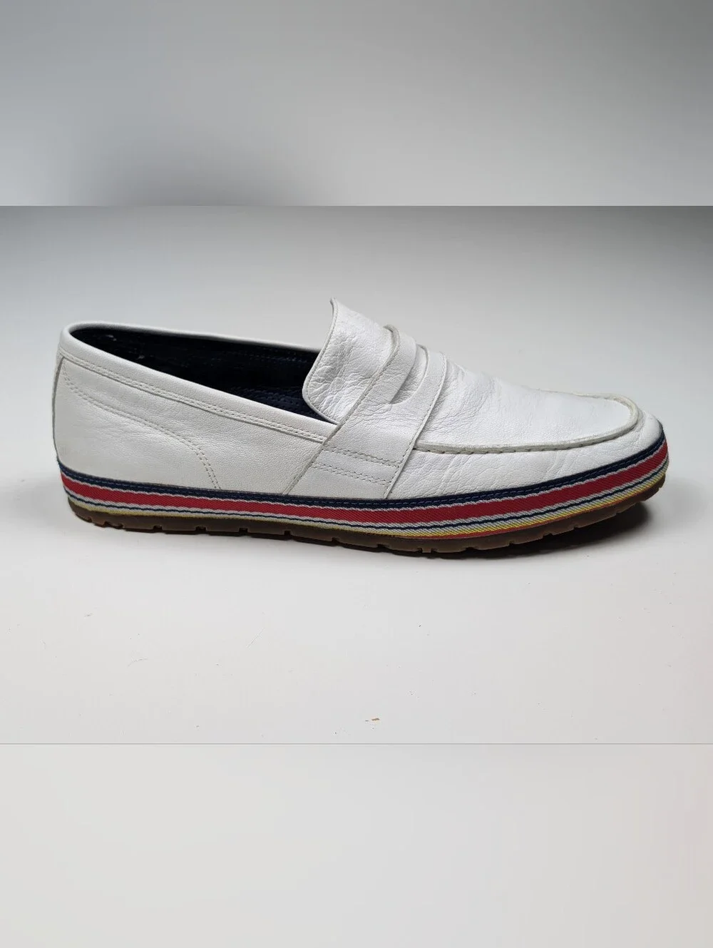 Cole Haan Nike Air Mens White Leather Penny Loafers Stripe Driver Size 10 M
